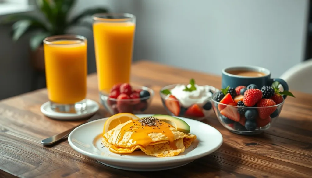 A beautifully arranged breakfast spread on a rustic wooden table, showcasing a harmonious blend of nutrient-rich foods. In the foreground, a plate features a hearty omelette, avocado slices, and a sprinkle of chia seeds. Beside it, a bowl overflows with colorful fresh berries, Greek yogurt, and a drizzle of honey. In the middle ground, a glass of freshly squeezed orange juice stands tall, complemented by a steaming mug of aromatic coffee. The background is softly blurred, allowing the vibrant hues and textures of the meal to take center stage. Captured with a Sony A7R IV at 70mm, the image is sharply defined, with a polarizer filter adding depth and clarity. The overall atmosphere is one of balance, nourishment, and the celebration of a healthy, mindful start to the day.