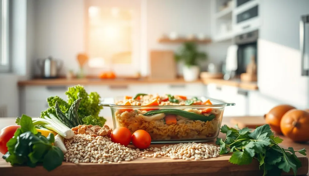 A beautifully composed scene of a healthy casserole being prepared in a modern kitchen. The foreground features an array of fresh, wholesome ingredients such as vegetables, grains, and lean protein, artfully arranged on a wooden cutting board. The middle ground showcases the casserole dish being carefully assembled, with layers of flavorful components meticulously placed. The background reveals a well-equipped, sun-drenched kitchen, with clean lines and minimalist decor that creates a serene, inviting atmosphere. The lighting is soft and natural, with a polarizer filter adding depth and clarity to the image. The overall mood is one of health, simplicity, and culinary craftsmanship, capturing the essence of a nutritious and delicious casserole preparation.