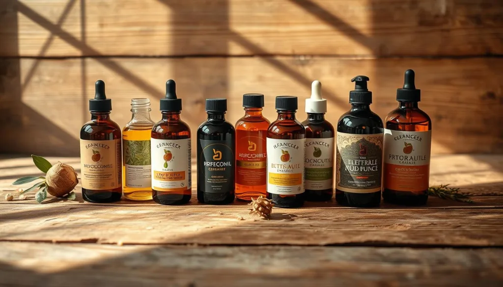 A beautifully styled still life of the top 2025 pregnancy oils, meticulously arranged on a rustic wooden surface. Soft, warm lighting casts subtle shadows, highlighting the organic textures and rich hues of the various oil bottles. The composition is balanced, with each product strategically placed to create a visually appealing and informative display. The image has a serene, natural atmosphere, inviting the viewer to explore the high-quality, efficacious oils suitable for reducing stretch marks during pregnancy. Captured with a Sony A7R IV 70mm lens, the scene is sharply defined, with a polarizing filter adding depth and clarity. The hyper-candid approach results in an authentic, unposed feel, making this an ideal illustration for the "Beste Öle gegen Schwangerschaftsstreifen - Top Produkte 2025" section.