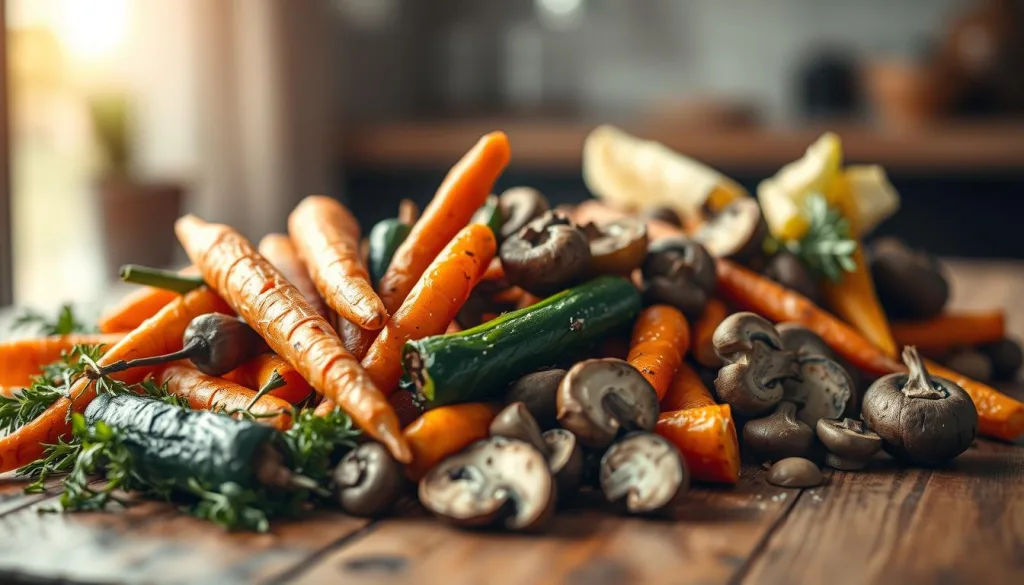 A bountiful arrangement of freshly roasted vegetables, artfully displayed on a rustic wooden table. Vibrant carrots, tender zucchini, and earthy mushrooms intermingle, their textures and colors creating a visually captivating medley. Warm, diffused lighting casts a soft glow, accentuating the natural beauty of the produce. The scene evokes a sense of wholesome nourishment, inviting the viewer to indulge in a satisfying and health-conscious meal. Crisp, high-resolution details capture the succulent appeal of these vegetable casseroles, making them the centerpiece of this harmonious still life.