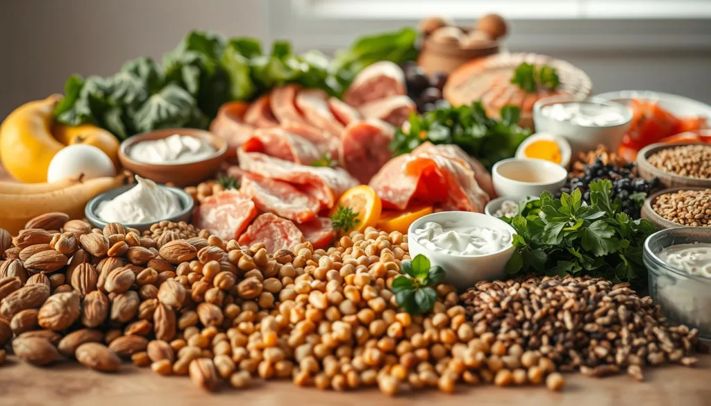 A bountiful still life capturing a variety of protein-rich foods. In the foreground, an assortment of nuts, seeds, and legumes such as almonds, walnuts, lentils, and chickpeas, arranged in a rustic, natural manner. In the middle ground, slices of lean meats like chicken, beef, and fish, as well as eggs and dairy products like Greek yogurt and cottage cheese. The background features a selection of leafy greens, vegetables, and whole grains, creating a balanced, nutritious scene. Warm, natural lighting illuminates the scene, casting subtle shadows and highlights the textures and colors of the ingredients. The overall composition conveys the essence of a well-rounded, protein-focused diet.