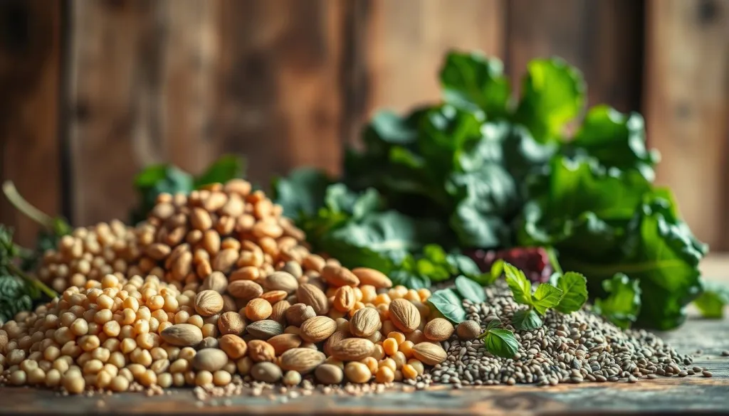 A bountiful still life showcasing an array of vibrant, plant-based protein sources. In the foreground, a selection of legumes, nuts, and seeds arranged with care - lentils, chickpeas, almonds, and chia. In the middle ground, an assortment of leafy greens, including spinach and kale, radiating a verdant hue. The background features a rustic wooden surface, bathed in warm, natural light filtered through a polarizer. The scene exudes a sense of health, vitality, and the abundance of vegan protein options. Captured with a Sony A7R IV 70mm lens, this hyper-candid, sharply defined image invites the viewer to explore the breadth of plant-based protein sources.