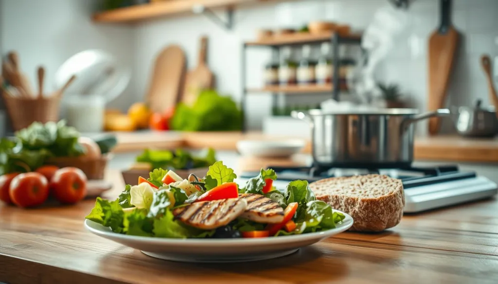 A bright, inviting kitchen scene with various healthy, low-calorie meal options arranged on a wooden table. In the foreground, a plate showcases a fresh salad with vibrant vegetables, a side of grilled chicken, and a slice of whole-grain bread. In the middle ground, a simmering pot on the stove releases steam, hinting at a hearty, yet calorie-conscious soup or stew. The background features a well-stocked pantry, showcasing an array of wholesome ingredients. Soft, natural lighting filters in through a window, creating a warm, welcoming atmosphere. The overall scene conveys a sense of simplicity, nourishment, and everyday enjoyment of delicious, low-calorie dishes.