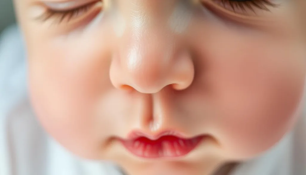 A close-up photograph of a baby's nose, shot with a Sony A7R IV camera at 70mm focal length. The image is sharply focused, with a polarizer filter applied to enhance the details. The lighting is bright and natural, capturing the intricate features of the nose in high definition. The overall atmosphere is hyper-candid, revealing the delicate and vulnerable nature of the baby's respiratory system. The composition highlights the common causes of a blocked or congested baby nose, such as mucus buildup, inflammation, or obstruction, serving as a visual aid for the article's section on "Häufige Ursachen für Baby Nase verstopft".