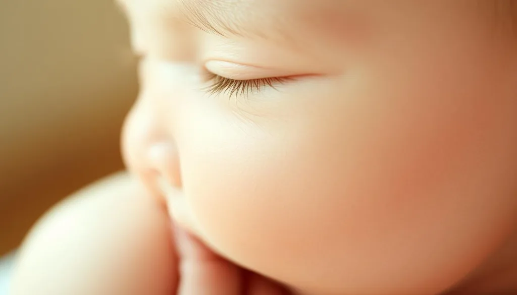 A close-up portrait of a baby's delicate skin, showcasing the unique features and needs of infant epidermis. Soft, glowing complexion with downy peach fuzz and translucent, hydrated appearance. Pores barely visible, silky smooth to the touch. Gentle highlights accentuate the supple texture, while soft shadows reveal the skin's tender, sensitive nature. Warm, natural lighting casts a soothing, nurturing ambiance. Tight, focused framing isolates the subject, drawing the viewer's attention to the subtleties of newborn dermis. Crisp, high-resolution details capture the inherent beauty and specialized care required for a baby's precious, developing complexion.