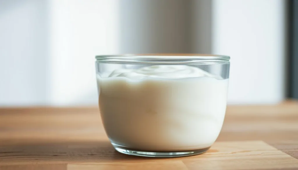 A close-up shot of a glass container filled with creamy, smooth yogurt. The yogurt has a soft, inviting texture and a natural, off-white color. The container is positioned on a wooden surface, with a neutral background that allows the yogurt to take center stage. The lighting is soft and diffused, creating a warm, natural atmosphere. The lens is set to a focal length of 70mm, capturing the details of the yogurt in high resolution. A polarizer filter has been used to enhance the texture and sheen of the yogurt, giving it a slightly glossy appearance. The overall mood is one of simplicity, purity, and the natural goodness of a healthy, satisfying snack.