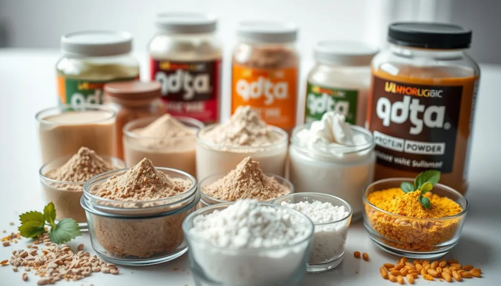 A close-up shot of a variety of protein powder supplements in different flavors and forms, neatly arranged on a clean, white background. The powders are displayed in high-quality glass or plastic containers, showcasing their textures and colors. The lighting is soft and natural, creating a sense of clarity and detail. The overall composition emphasizes the importance and versatility of protein powder as a essential nutritional supplement, with a focus on its key role in supporting a healthy, active lifestyle.