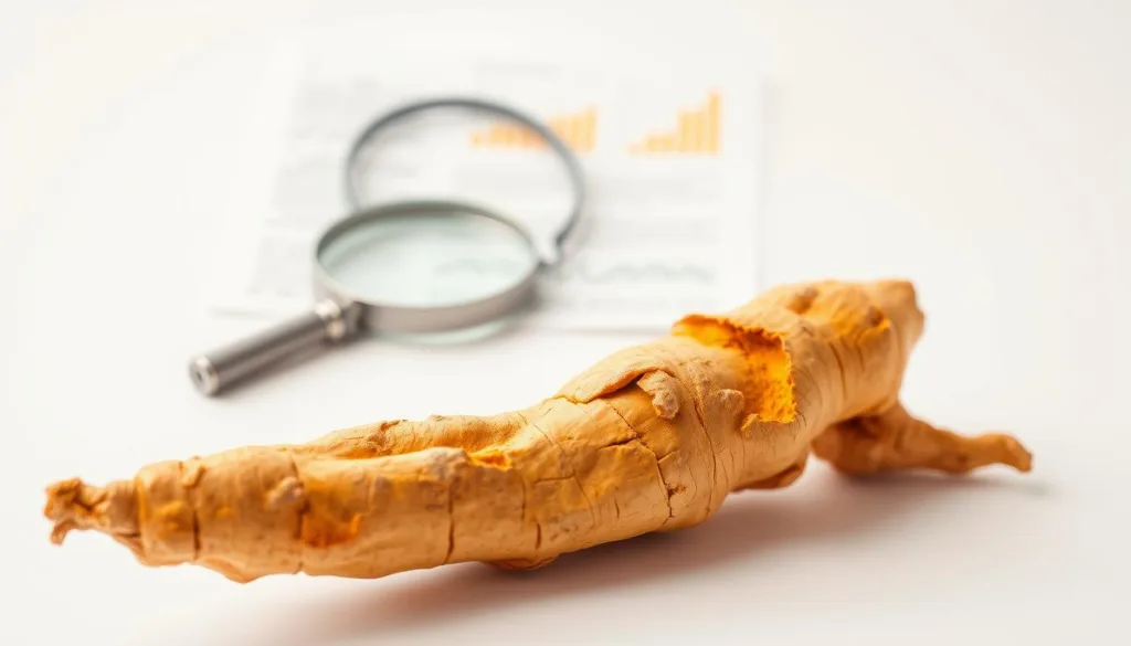 A close-up still life shot of fresh turmeric root (Curcuma longa) on a white background, with scientific research papers and a magnifying glass in the middle ground. The lighting is soft and natural, with a polarizer filter creating a crisp, hyper-candid effect. The root is sharply defined, showcasing its vibrant yellow hue and intricate texture. The research materials suggest the scientific basis for turmeric's potential weight loss benefits, creating a thoughtful, analytical atmosphere. Captured on a Sony A7R IV with a 70mm lens, this image conveys the rigorous, evidence-based approach to understanding turmeric's effects on fat metabolism.