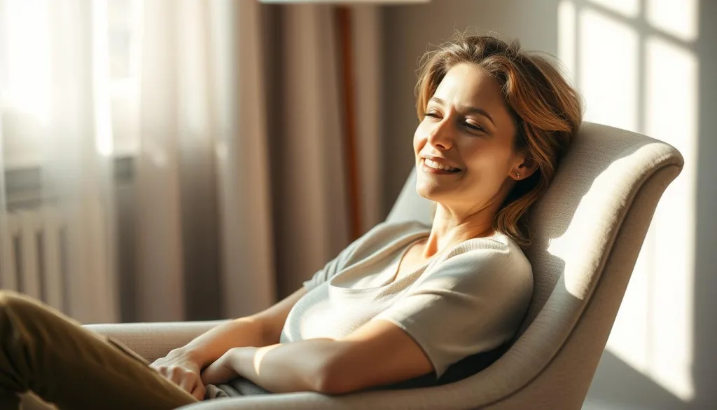A cozy and tranquil scene of a woman relaxing in a comfortable armchair, sunlight gently illuminating her face as she enjoys a peaceful moment of solitude. The room is softly lit, with neutral tones and natural textures creating a serene atmosphere. The woman's expression is one of contentment and inner calm, conveying the importance of taking time for personal rejuvenation. Shot on a Sony A7R IV with a 70mm lens, the image is sharply defined with a polarizer filter, capturing the hyper-candid moment in stunning 8K resolution.