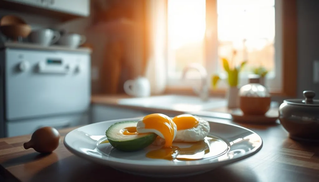 A cozy kitchen bathed in warm morning light, a plate of healthy breakfast foods arranged artfully - sliced avocado, poached eggs, and a drizzle of rich olive oil. The scene exudes an air of tranquility and mindfulness, inviting the viewer to savor the simple pleasures of an early start to the day. A sensor-shift stabilized shot on a Sony A7R IV with a 70mm lens, polarizer filter, and hyper-candid framing captures the scene in crisp 8K detail, highlighting the natural textures and colors. This serene, nourishing tableau perfectly encapsulates the "Ideale Frühstückszeiten für maximale Fettverbrennung" concept.