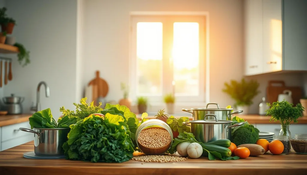 A cozy kitchen interior, bathed in warm, golden light from a large window. On the countertop, an array of fresh, vibrant vegetables, herbs, and whole grains. Stainless steel pots and pans gleam, ready for a nourishing, wholesome meal preparation. The space is well-organized, with essential cooking tools and appliances within easy reach. The atmosphere is one of simplicity, mindfulness, and a passion for healthy, delectable cuisine. A serene, inviting space that inspires culinary creativity and a connection to the natural world.