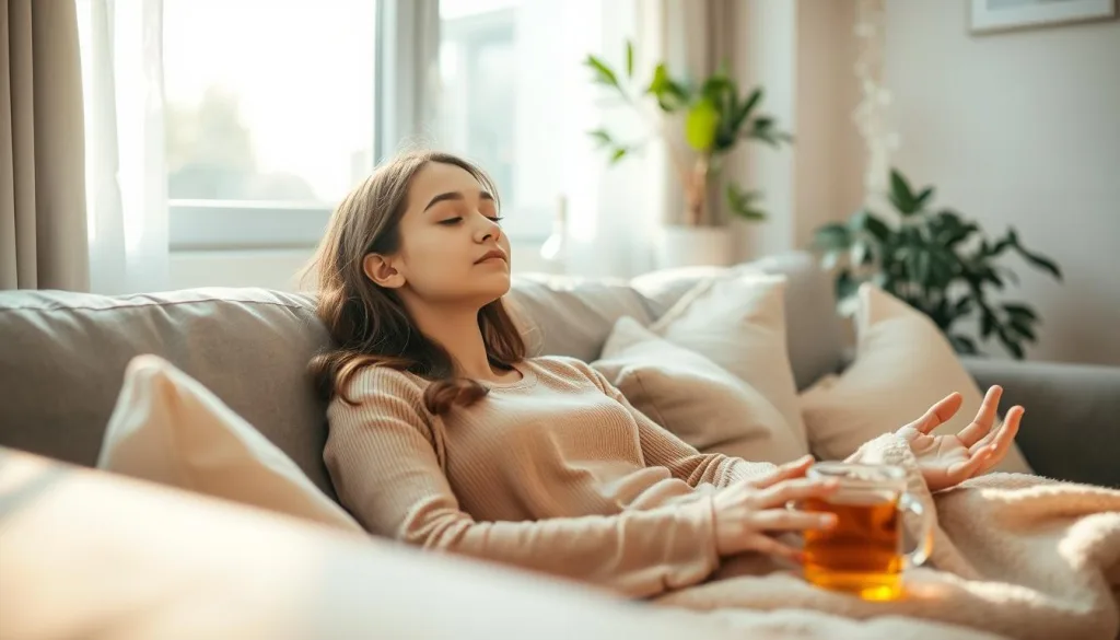 A cozy living room scene with a young mother relaxing on a comfortable sofa, surrounded by soft pillows and a warm blanket. Gentle sunlight streams through a large window, casting a warm glow on the scene. The mother is practicing deep breathing exercises, her eyes closed, a serene expression on her face. In the background, a potted plant, a soothing essential oil diffuser, and a cup of herbal tea create a calming, natural atmosphere. The scene conveys a sense of everyday self-care and mindfulness, providing inspiration for young mothers seeking simple, effective ways to find respite in their daily lives.