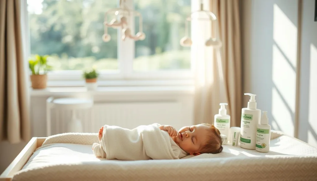 A cozy nursery in 2025, bathed in soft natural light filtering through the window. In the foreground, a plush changing table with a sleeping newborn, swaddled in a soft organic cotton blanket. On the table, an array of gentle, plant-based diaper rash creams and soothing lotions. In the middle ground, a cheerful mobile spins overhead, casting dappled shadows. The background reveals a serene landscape of lush greenery, hinting at the sustainable, nature-inspired design of the modern nursery. The mood is one of tranquility and care, reflecting the holistic, eco-conscious approach to treating baby's delicate skin in the year 2025.