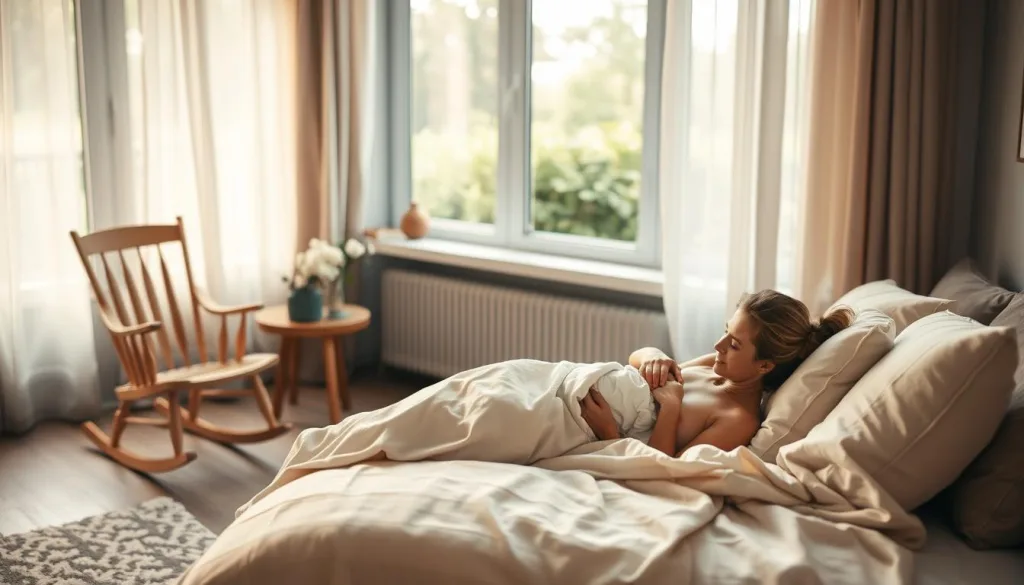 A cozy, traditional Wochenbett (postpartum care) setting in a modern, airy room. Soft, warm lighting filters through sheer curtains, casting a gentle glow. In the foreground, a new mother rests peacefully on a plush, linen-draped bed, her newborn cradled in her arms. Surrounding her, a wooden rocking chair, a handcrafted side table with fresh flowers, and a tranquil view of a lush, green garden outside the window. The atmosphere exudes serenity, comfort, and the cherished bond between mother and child. Shot on a Sony A7R IV with a 70mm lens, the image is sharply defined, with a polarizer filter creating a natural, hyper-candid feel, capturing the essence of this sacred postpartum experience in an 8K resolution.