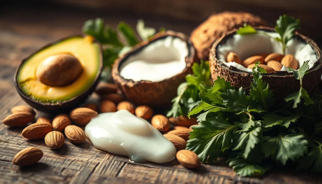 A crisp, close-up shot of a variety of keto-friendly ingredients - avocado, coconut oil, almonds, and leafy greens - arranged on a rustic wooden surface. The image is bathed in warm, natural lighting, creating a cozy, inviting atmosphere. The sharp focus and high-quality lens capture every textural detail, from the glistening oil to the mottled bark of the nuts. The composition is balanced and visually appealing, conveying the principles of the keto diet - low carb, high fat. The overall mood is one of health, nourishment, and a mindful approach to food.