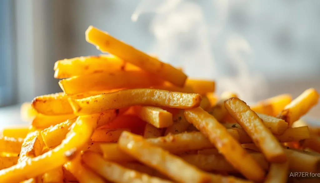 A crisp, golden pile of freshly fried airfryer-made pommes frites, captured in exquisite detail. The potatoes, cut into perfect matchstick shapes, sizzle with a tantalizing crunch. Delicate wisps of steam rise, hinting at the tender interior. Dramatic sidelight casts dramatic shadows, emphasizing the airfryer's signature texture. The scene is shot with a Sony A7R IV 70mm lens, using a polarizer filter for maximum clarity. This hyper-candid, 8K image perfectly showcases the airfryer's ability to create restaurant-quality potato dishes at home.