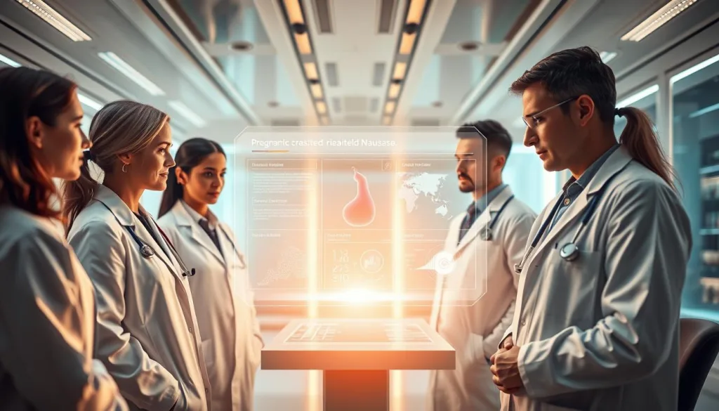A cutting-edge medical research facility, meticulously designed with a futuristic aesthetic. Sleek, minimalist interiors bathed in warm, natural lighting, conveying a sense of scientific progress and innovation. In the center, a holographic display showcases the latest findings on pregnancy-related nausea, with dynamic visualizations of data and insights. Doctors and scientists in crisp, white lab coats intently studying the information, their expressions reflecting deep contemplation and a commitment to understanding this complex condition. The atmosphere exudes a palpable air of discovery, as if on the cusp of a breakthrough that could transform the lives of expectant mothers worldwide.