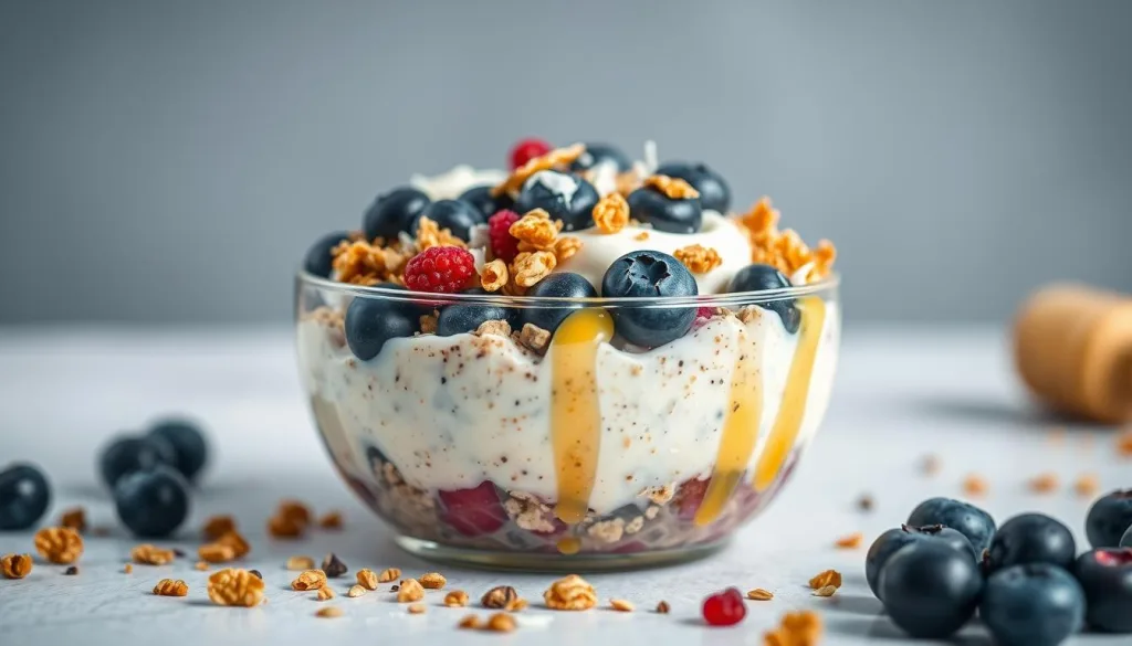 A delightful, energy-rich breakfast arrangement of overnight oats with creamy low-fat quark, topped with an array of superfoods. Meticulously styled against a clean, minimal background, the image showcases the vibrant colors and textures of the ingredients - plump blueberries, crunchy granola, drizzled honey, and a sprinkling of goji berries, chia seeds, and shredded coconut. Captured with a Sony A7R IV, the 70mm lens provides a close, intimate perspective, the polarizer filter enhancing the depth and clarity. The lighting is soft and diffused, creating a natural, hyper-candid feel, while the sharp focus draws the viewer's attention to the enticing details of this nourishing morning meal.