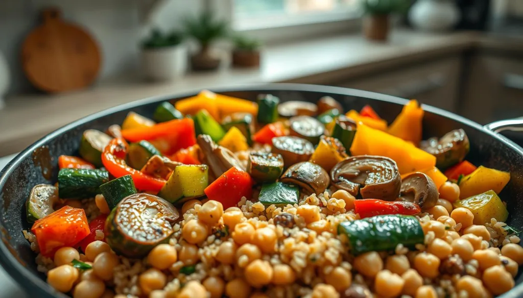 A delightful one-pan vegetarian dish, featuring an array of fresh, vibrant vegetables sizzling in a well-seasoned skillet. The foreground showcases a medley of roasted zucchini, bell peppers, and mushrooms, glistening with olive oil and sprinkled with aromatic herbs. In the middle ground, grains of fluffy quinoa and hearty chickpeas provide a satisfying protein-rich base. The background hints at a minimalist, modern kitchen setting, bathed in warm, natural lighting that casts a cozy, inviting atmosphere. Captured with a Sony A7R IV 70mm lens, this image exudes a hyper-candid, sharply defined aesthetic, enhanced by the use of a polarizer filter for depth and clarity.