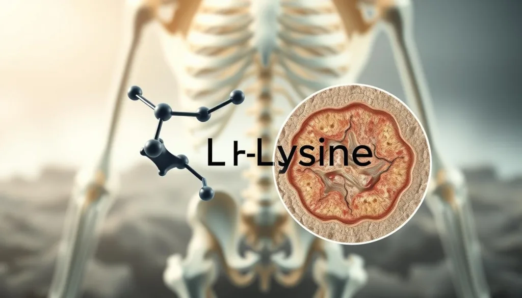 A detailed, anatomically accurate 3D rendering of the chemical structure of L-Lysine and its role in bone metabolism. Centered in the frame, the L-Lysine molecule is shown in a clear, high-contrast view, with its molecular bonds and functional groups clearly defined. In the middle ground, a microscopic cross-section of bone tissue is depicted, showcasing the intricate cellular structure and mineralization process influenced by L-Lysine. The background features a softly blurred landscape of the human skeletal system, creating a sense of depth and physiological context. The overall mood is one of scientific precision and visual clarity, optimized for educational and informational purposes. A detailed, anatomically accurate 3D rendering of the chemical structure of L-Lysine and its role in bone metabolism. Centered in the frame, the L-Lysine molecule is shown in a clear, high-contrast view, with its molecular bonds and functional groups clearly defined. In the middle ground, a microscopic cross-section of bone tissue is depicted, showcasing the intricate cellular structure and mineralization process influenced by L-Lysine. The background features a softly blurred landscape of the human skeletal system, creating a sense of depth and physiological context. The overall mood is one of scientific precision and visual clarity, optimized for educational and informational purposes.