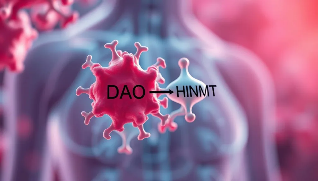 A detailed, cross-sectional illustration depicting the DAO (Diamine Oxidase) and HNMT (Histamine N-Methyltransferase) enzymes responsible for histamine regulation within the human body. Captured with a Sony A7R IV 70mm lens, the image showcases a sharply defined, hyper-candid perspective with a polarizing filter, resulting in a clear, vivid, and technically precise visual representation. The scene conveys a mood of scientific accuracy and visual clarity, highlighting the intricate interplay between these key enzymes and their role in maintaining healthy histamine levels.