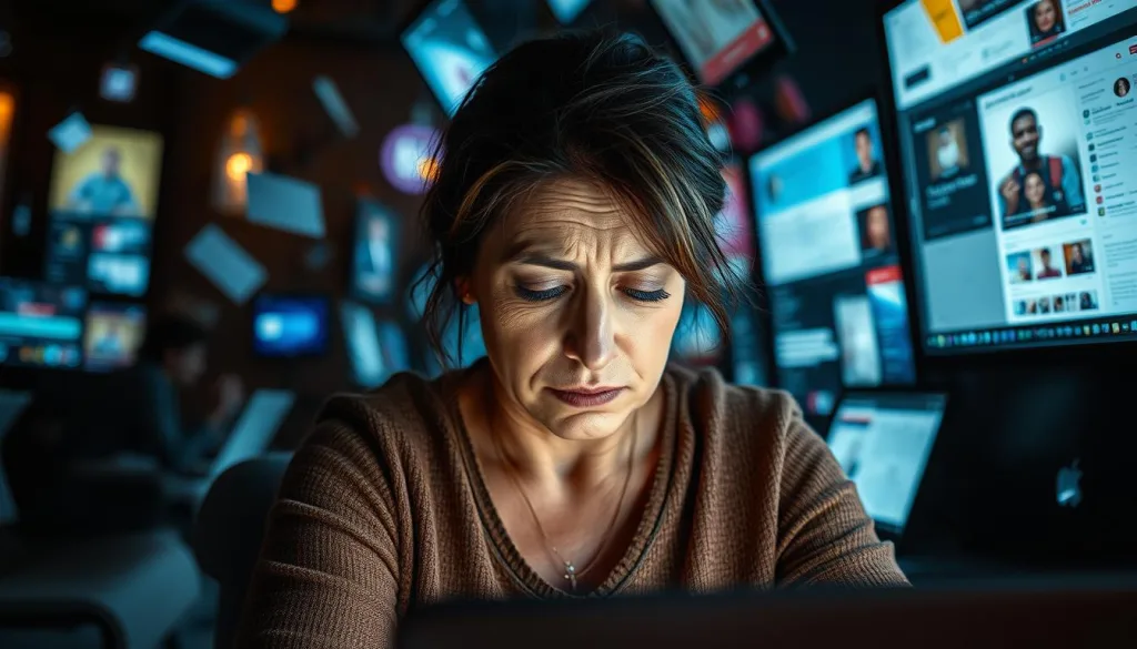 A distressed mother, overwhelmed by the demands of modern life, sits amidst a chaotic digital landscape. Bright screens, notifications, and social media feeds swirl around her, creating a sense of overwhelming pressure. The polarized lighting casts dramatic shadows, heightening the emotional intensity. Her expression conveys a mixture of exhaustion and anxiety, captured in sharp, hyper-candid detail. The 8K resolution reveals the intricate textures of her face, emphasizing the strain of balancing work, family, and personal well-being. This scene illustrates the common stressors faced by mothers in the digital age, setting the stage for a discussion on finding mental and emotional refuge.