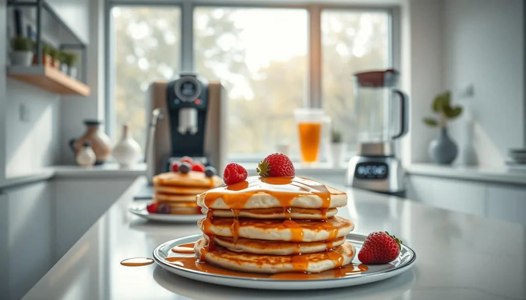 A futuristic scene of a well-equipped kitchen in 2025, showcasing the latest trends in Keto-friendly breakfast options. In the foreground, a sleek, minimalist kitchen counter displays an array of Keto-friendly pancakes, adorned with fresh berries and drizzled with sugar-free syrup. In the middle ground, a high-tech Keto-friendly espresso machine and a state-of-the-art blender stand ready to prepare Keto-friendly beverages. The background features a large window, allowing natural light to flood the space, creating a warm and inviting atmosphere. Shot on Sony A7R IV 70mm, clearly focused, sharply defined, polarizer filter, Hyper-candid, 8K.