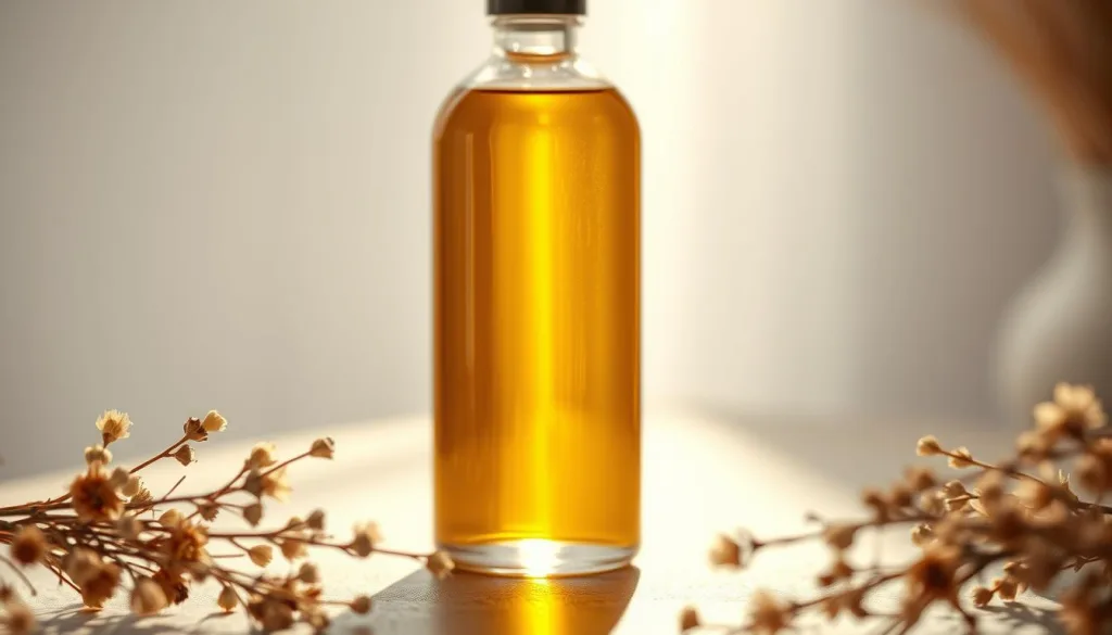 A glass bottle filled with rich, golden-hued organic baby oil, handcrafted with natural, plant-based ingredients. The bottle's surface has a soft, matte finish, gently reflecting the warm light that bathes the scene. In the foreground, delicate dried flowers and sprigs of herbs add a touch of natural elegance, while the background is a serene, minimalist setting, allowing the bottle to take center stage. Shot on a Sony A7R IV with a 70mm lens, the image is sharply defined, with a polarizer filter creating a subtle, hyper-candid feel, all captured in stunning 8K resolution.