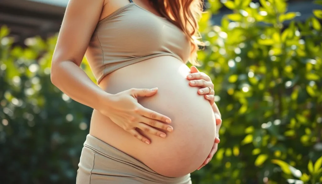 A healthy and glowing pregnant woman standing in a serene, sunlit garden. Her hands gently rest on her rounded belly, radiating a sense of calm and connection. Soft, diffused lighting highlights the natural beauty of her features and the gentle curve of her body. The lush, verdant foliage in the background creates a tranquil, nurturing atmosphere, emphasizing the importance of physical and mental well-being during pregnancy. Shot on Sony A7R IV 70mm, clearly focused, sharply defined, polarizer filter, Hyper-candid, 8K.