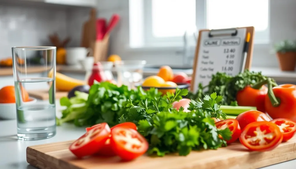 A healthy and visually appealing spread of fresh, low-calorie ingredients. In the foreground, a cutting board with sliced vegetables, herbs, and a glass of water. In the middle ground, various measuring cups, a food scale, and a notebook displaying calorie and nutrition information. The background features a clean, well-lit kitchen setting with natural lighting filtering in through a window, creating a bright and airy atmosphere. The overall scene conveys a sense of mindful, calorie-conscious meal preparation, emphasizing the fundamentals of a nutritious, low-calorie diet.