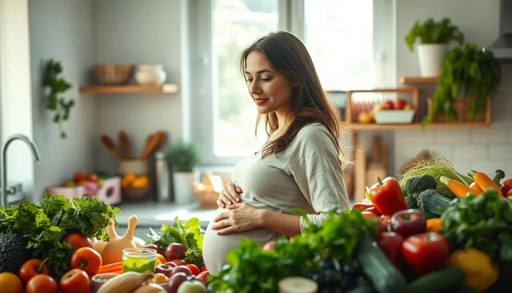 A healthy, vibrant pregnant woman stands in a sun-dappled kitchen, surrounded by an array of fresh, colorful produce - leafy greens, vibrant vegetables, and ripe fruits. She gazes thoughtfully at the bountiful selection, embodying the importance of a balanced, nutrient-rich diet during this crucial time. The scene is captured with a polarizing filter, creating a crisp, clear image that highlights the natural textures and hues of the ingredients. Soft, warm lighting and a hyper-candid, 8K quality lend an inviting, aspirational atmosphere, showcasing the beauty and vitality of prenatal nutrition.