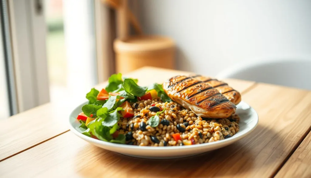 A high-protein meal with a side salad on a clean wooden table, sunlight filtering through a window, creating a warm, natural ambiance. The plate features grilled chicken, roasted vegetables, and a quinoa and lentil mix, showcasing a balanced, nutritious diet for weight loss. The lighting is soft and diffused, highlighting the vibrant colors and textures of the healthy, wholesome food. The composition is clean and minimalist, allowing the focus to be on the nourishing meal and its role in promoting weight management.