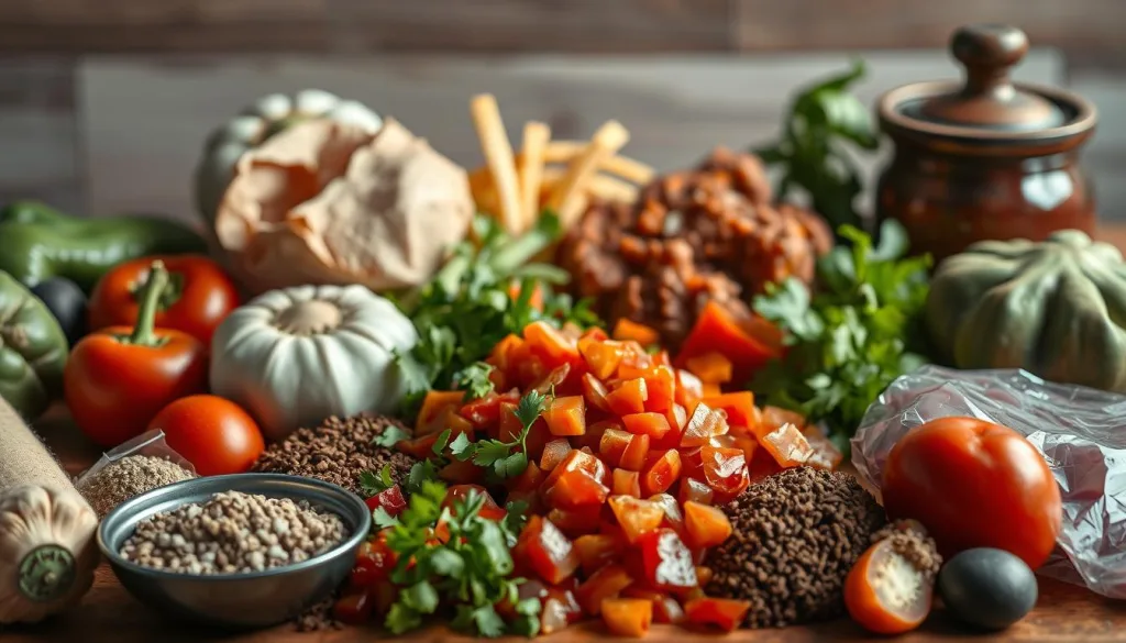 A high-quality still life image of the essential ingredients for making classic Chili con Carne. The frame is filled with an assortment of whole and chopped vegetables, spices, and proteins arranged in an appealing, visually balanced composition. The items are sharply defined and vividly colored, with natural shadows and highlights that create depth and dimension. The lighting is soft and diffused, casting a warm, inviting glow. The overall mood is one of rustic authenticity, reflecting the hearty, homemade nature of the dish. The image conveys the vibrant flavors and aromas of the Chili con Carne ingredients.