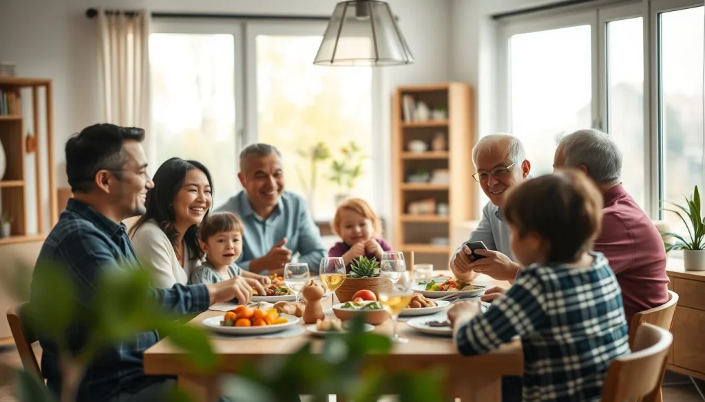 A modern family portrait in 2025, with a warm, inviting atmosphere. In the foreground, a diverse household gathered around a dining table, enjoying a meal together. Parents, children, and grandparents engage in lively conversation, their faces illuminated by natural light filtering through large windows. In the middle ground, smart home devices seamlessly integrate with the family's daily routine, offering convenience and support. The background showcases a harmonious blend of traditional and futuristic design elements, reflecting the family's adaptability to the changing times. Polarized lens captures the scene with clarity and depth, highlighting the family's unity and the joy of everyday life in the modern era.
