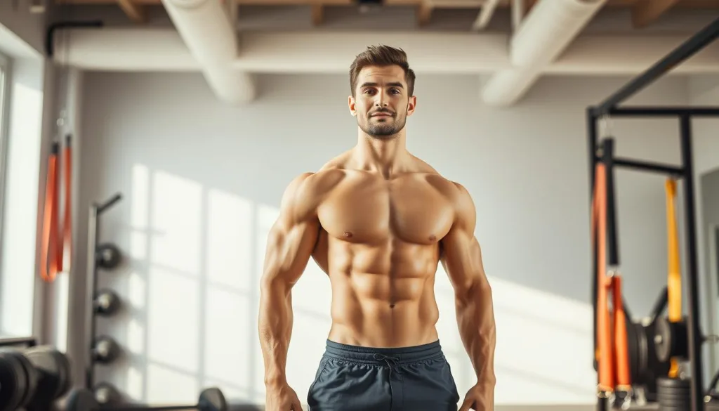 A muscular male figure stands in a bright, modern gym setting, surrounded by weights, resistance bands, and other fitness equipment. The lighting is natural and diffused, creating a warm, inviting atmosphere. The man's chiseled physique is the focal point, highlighting the importance of protein and muscle building. In the background, a clean, minimalist design with muted colors provides a clean, professional look suitable for the article's subject matter. The image conveys a sense of health, vitality, and the transformative power of proper nutrition and exercise.