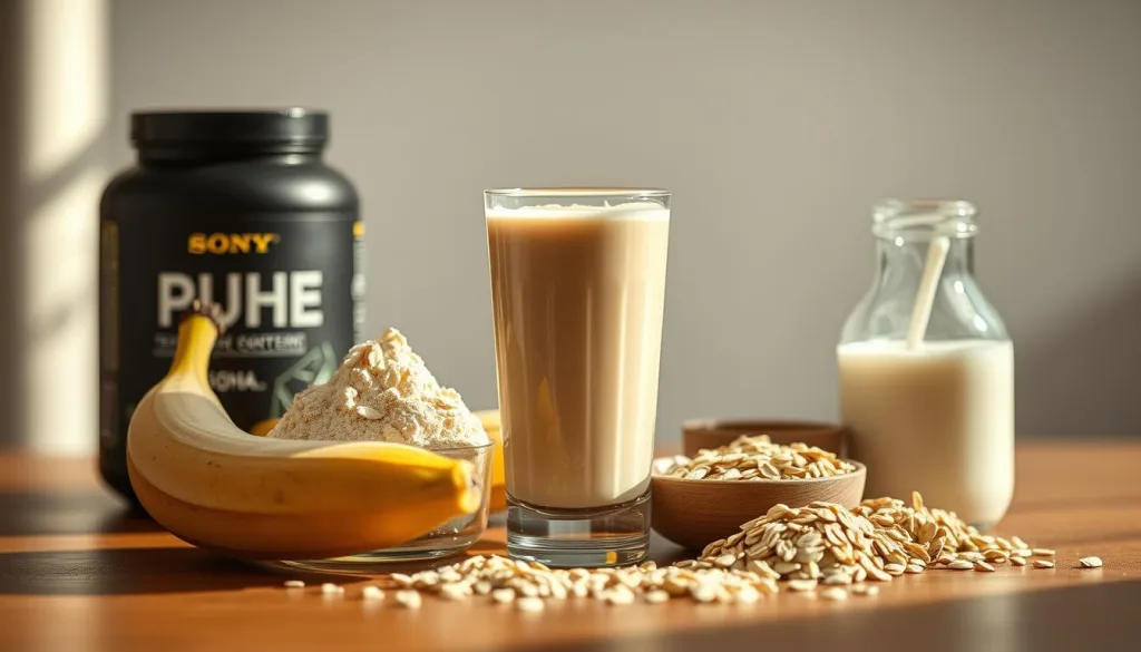 A neatly arranged still life showcasing the essential ingredients for a protein shake - a glass filled with a rich, creamy shake, complemented by a scoop of protein powder, a ripe banana, a handful of raw oats, and a splash of fresh milk. The scene is bathed in warm, natural lighting, captured with a Sony A7R IV 70mm lens using a polarizer filter, resulting in a hyper-candid, sharply defined 8K image that highlights the vibrant colors and textures of the ingredients.