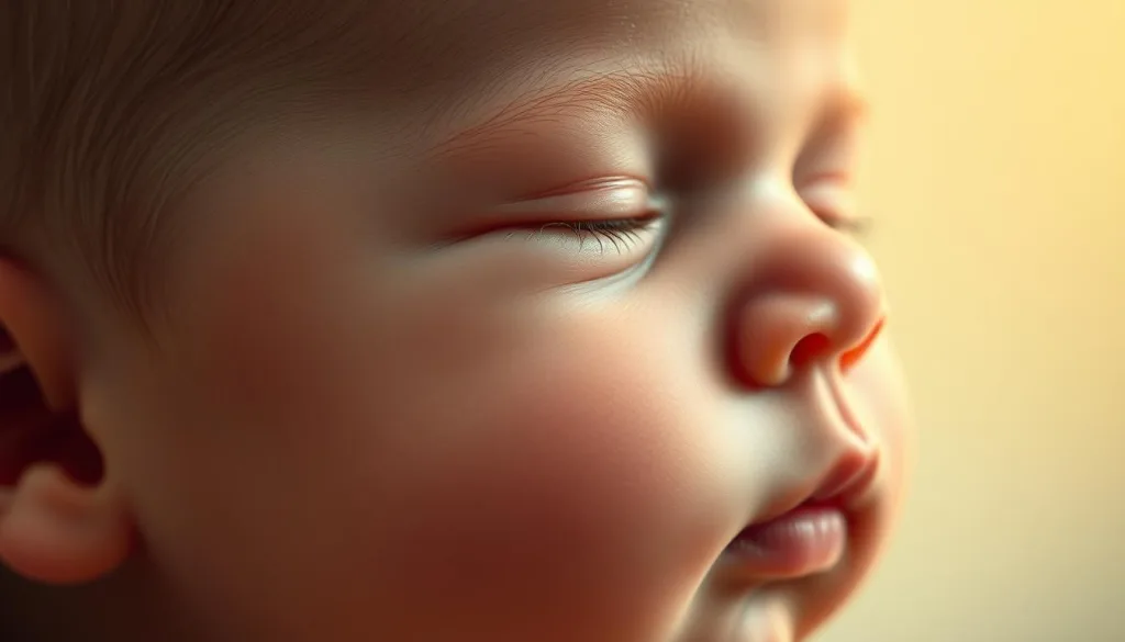 A newborn's delicate skin undergoing a captivating transformation, its porous surface gradually maturing, imperceptibly shifting from the velvety softness of infancy to the resilient, supple texture of childhood. Captured in crisp high-resolution, this serene portrait showcases the intricate interplay of light and shadow, highlighting the skin's natural fluctuations - from the translucent, milky hues of the forehead to the subtle, rosy flush of the cheeks. Bathed in a warm, diffused glow, the image emanates a sense of tender vulnerability, inviting the viewer to marvel at the wondrous, ever-evolving canvas of a newborn's skin.