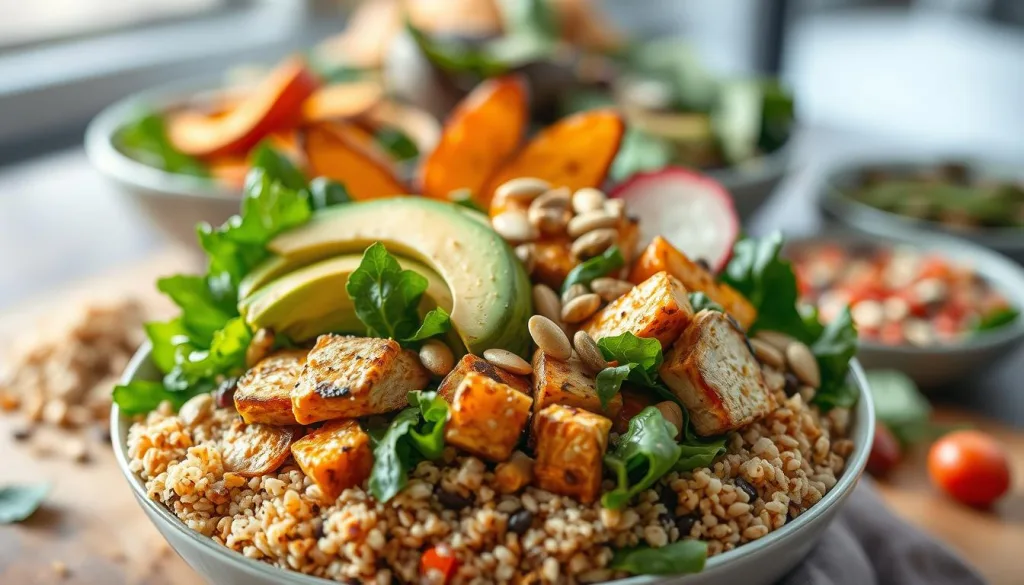 A nourishing power bowl featuring a vibrant array of high-protein ingredients. In the foreground, a bed of luscious mixed greens and crunchy quinoa forms the base. Atop this, an assortment of nutrient-dense toppings shine: juicy grilled chicken, creamy avocado slices, marinated tofu cubes, and a scattering of roasted pumpkin seeds. In the middle ground, golden-roasted sweet potato wedges and sliced radishes add pops of color and texture. The background is filled with a variety of whole grains, legumes, and leafy greens, creating a visually stunning and nutritionally balanced scene. Captured with a Sony A7R IV 70mm lens, the image is sharply focused, with a polarizer filter adding depth and vibrancy. The overall mood is one of healthy, energizing sustenance.