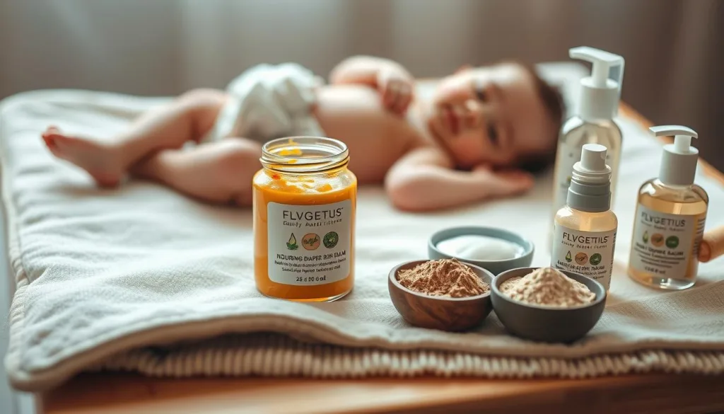 A peaceful, natural scene of a baby lying on a soft, eco-friendly changing pad, surrounded by an array of pure, botanical skincare products. The centerpiece is a glass jar filled with a nourishing, plant-based diaper rash balm, complemented by soothing lotions, powders, and oils in earthy tones. Warm, diffused lighting casts a serene glow, highlighting the tactile textures of the natural materials. The overall atmosphere conveys a sense of gentle, holistic care, reflecting the latest trends in sustainable, mindful baby skincare.