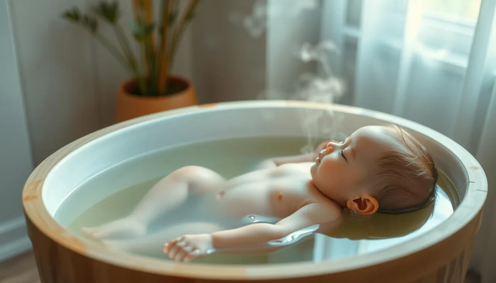 A peaceful, serene scene of a baby's bathtub in the year 2025. The tub is filled with a fragrant herbal infusion, creating a calming, soothing atmosphere. Gentle, soft light filters through the window, illuminating the baby's delicate skin. The tub is crafted from natural, sustainable materials, blending seamlessly with the minimalist, modern decor. Wispy steam rises from the water, capturing the tranquility of the moment. The baby reclines comfortably, their skin glowing with the nourishing benefits of the herbal blend. Captured with a Sony A7R IV 70mm lens, this image conveys the essence of natural, gentle baby care in the future.