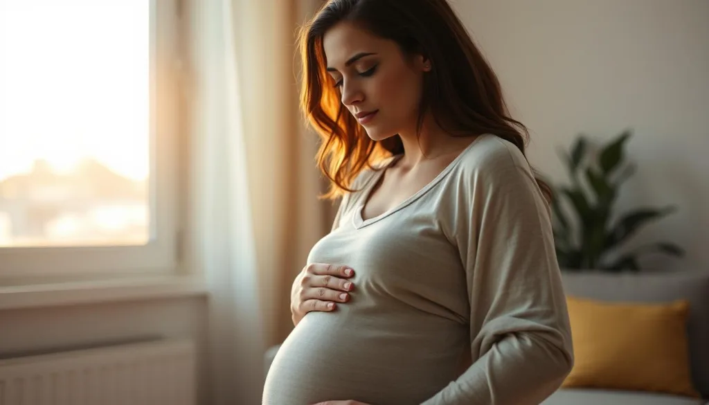 A pregnant woman in a serene, sunlit room, practicing mental techniques to overcome birth anxiety. Her eyes are closed, hands resting on her belly, expression calm and focused. In the background, soft, cotton-like clouds drift by outside the window, casting a warm, soothing glow. The scene is captured with a Sony A7R IV, 70mm lens, polarizer filter, in hyper-candid, sharply defined 8K resolution, conveying a sense of tranquility and empowerment.