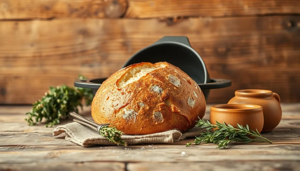 A rustic wooden surface serves as the backdrop, showcasing the traditional process of making Stockbrot. In the foreground, a freshly baked loaf emerges from a cast-iron pan, its golden-brown crust glistening under the warm, natural lighting. Beside it, a bundle of fragrant herbs and a small earthenware bowl add to the authentic, homespun atmosphere. The scene captures the rich history and artisanal nature of this beloved German bread, inviting the viewer to experience the origins of this beloved culinary tradition.
