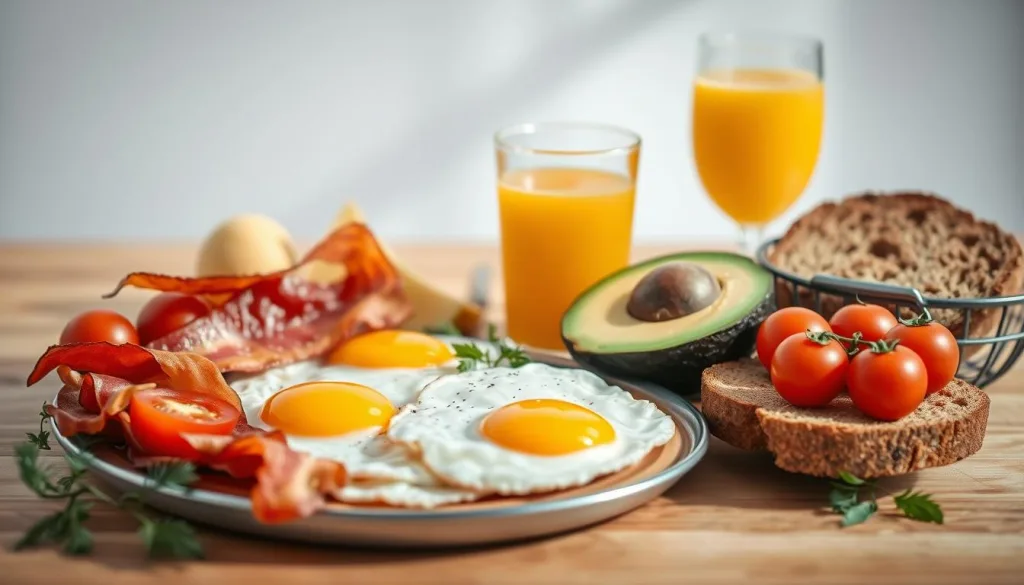 A scrumptious spread of nutrient-dense foods for the active athlete's breakfast: golden fried eggs, crisp bacon, juicy tomatoes, creamy avocado, crunchy whole-grain toast, and a refreshing glass of freshly squeezed orange juice. Precisely composed in a modern, minimalist still life against a bright, airy backdrop, showcasing the science-backed importance of a balanced, protein-rich meal to fuel the body for peak athletic performance. Captured with a Sony A7R IV at 70mm, the sharp focus and polarizer filter create a hyper-candid, vibrant scene that elevates the simple ingredients into an artful representation of the "Sportlerfrühstück Wissenschaft."