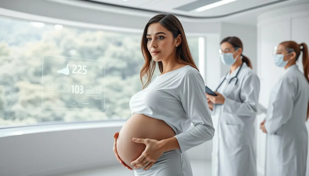 A serene, futuristic scene of a pregnant woman undergoing a comprehensive prenatal checkup in 2025. She stands in a sleek, white medical facility with a panoramic window revealing a lush, verdant landscape outside. Holographic displays float around her, providing real-time health data and personalized guidance. The lighting is soft and diffused, creating a calming atmosphere. Medical professionals in minimalist, futuristic attire move with efficiency, delivering personalized care. The woman's expression is one of calm reassurance, reflecting the seamless integration of advanced technology into her prenatal journey. Shot on Sony A7R IV 70mm, clearly focused, sharply defined, polarizer filter, Hyper-candid, 8K.