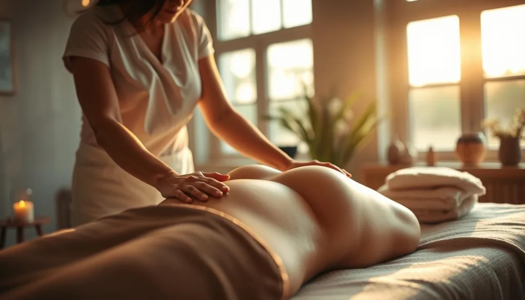 A serene, intimate scene of a pregnant woman receiving a prenatal massage in the year 2025. The soft, warm light filters through large windows, casting a cozy glow on the tranquil setting. Delicate, natural aromatherapy oils scent the air as the experienced massage therapist's skilled hands gently knead the woman's back, promoting relaxation and well-being. The expectant mother's face is serene, her eyes closed in blissful contentment, as she embraces this moment of self-care and connection with her unborn child. Polarized lens captures the refined, hyper-realistic details, from the therapist's focused expression to the supple textures of the massage table.