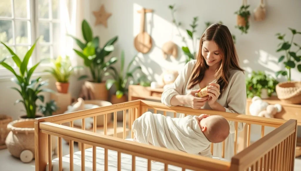 A serene scene of natural babywear in a sunlit, organic setting. In the foreground, a beautifully crafted wooden crib holds a newborn swaddled in soft, chemical-free fabrics. Surrounding it, an array of handmade, eco-friendly toys and care products are neatly arranged, radiating a sense of nourishment and simplicity. In the middle ground, a young mother tenderly applies a natural balm to her child's skin, her expression one of warmth and mindfulness. In the background, a cozy nursery filled with lush, verdant plants and soothing earth tones, conveying a tranquil, holistic atmosphere for the future of natural baby care.