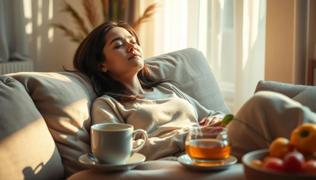 A serene, warm-lit scene of a young mother resting on a plush, inviting sofa. Sunlight filters through sheer curtains, casting a comforting glow. The mother's eyes are closed, her expression one of deep relaxation as she practices a breathing exercise, her shoulders gently rising and falling. A cup of fragrant tea and a bowl of fresh fruit sit nearby, symbolizing self-care and nourishment. The room is tastefully decorated with soft textures, natural elements, and muted earth tones, creating a tranquil, restorative atmosphere. The camera captures this intimate moment with a 70mm lens, the depth of field isolating the mother in a dreamlike reverie, emphasizing the importance of mindful relaxation for busy, overwhelmed parents.