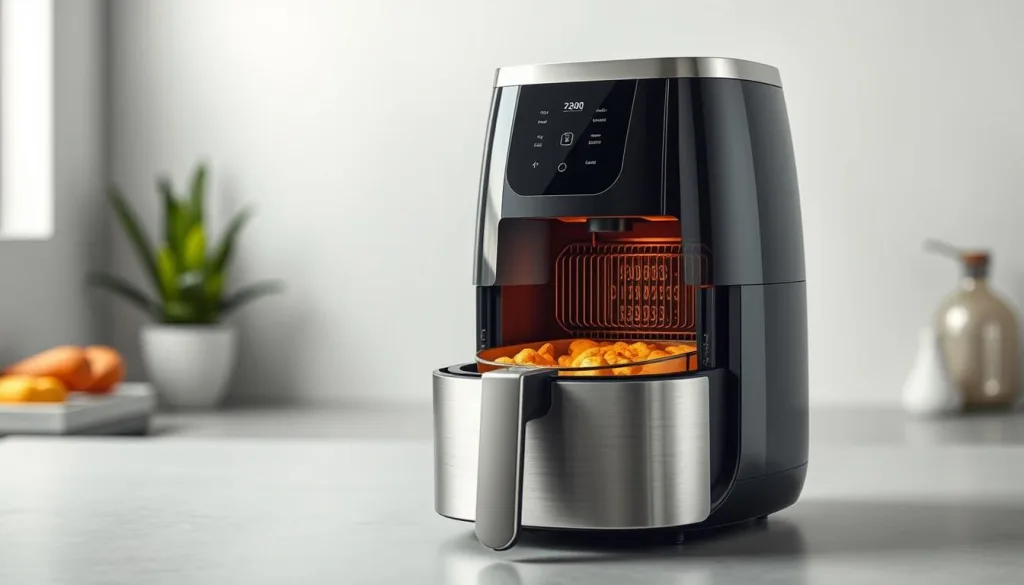 A sleek, modern high-tech air fryer set against a clean, minimalist backdrop. The brushed stainless steel and tempered glass exterior gleams under bright, directional lighting, highlighting the intricate inner workings and heating elements visible through the transparent design. The compact, ergonomic shape is both stylish and functional, with intuitive digital controls and a roomy cooking chamber. Streamlined airflow channels and state-of-the-art heating technology are showcased, illustrating the innovative "hot air frying" principle that enables healthier, oil-free cooking. The overall scene conveys a sense of efficiency, precision, and culinary innovation, perfectly suited to showcase the advantages of this cutting-edge kitchen appliance.