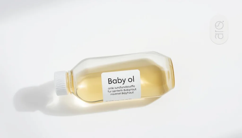A soft, delicate, and pure glass bottle filled with transparent, unscented baby oil, resting on a light-colored, minimalist background. The bottle has a simple, elegant design with a minimal label showcasing the key words "Babyöl ohne Zusatzstoffe für empfindliche Babyhaut". Subtle shadows and highlights accentuate the bottle's form, giving it a sense of depth and dimension. The lighting is soft and diffused, creating a serene, calming atmosphere that evokes the gentle care and nourishment of a baby's sensitive skin. The overall composition is clean, balanced, and focuses the viewer's attention solely on the central product.