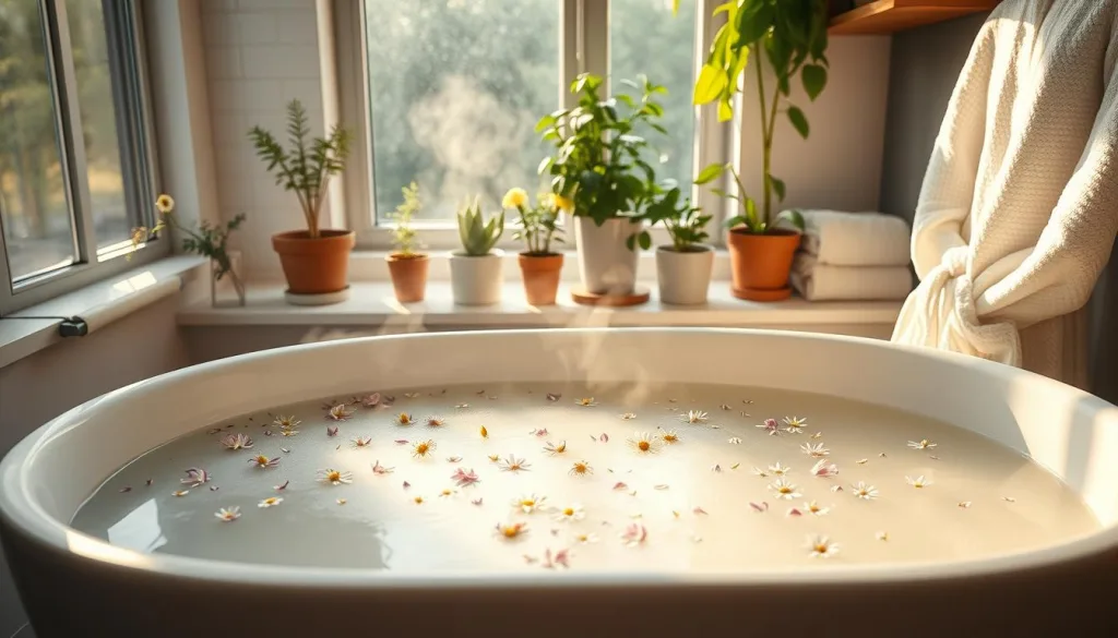 A soothing, serene scene of a cozy bathroom filled with fragrant herbs and steaming water. Delicate chamomile, lavender, and calendula petals float atop the tranquil surface, casting a warm, golden glow. Soft natural light filters in through a window, illuminating the lush greenery of potted plants and fresh herbs lining the shelves. The smooth, porcelain tub takes center stage, inviting a peaceful, restorative baby bath. Plush towels and a fluffy, organic cotton robe await, creating a nurturing, spa-like ambiance. Shot on Sony A7R IV 70mm, clearly focused, sharply defined, polarizer filter, Hyper-candid, 8K.